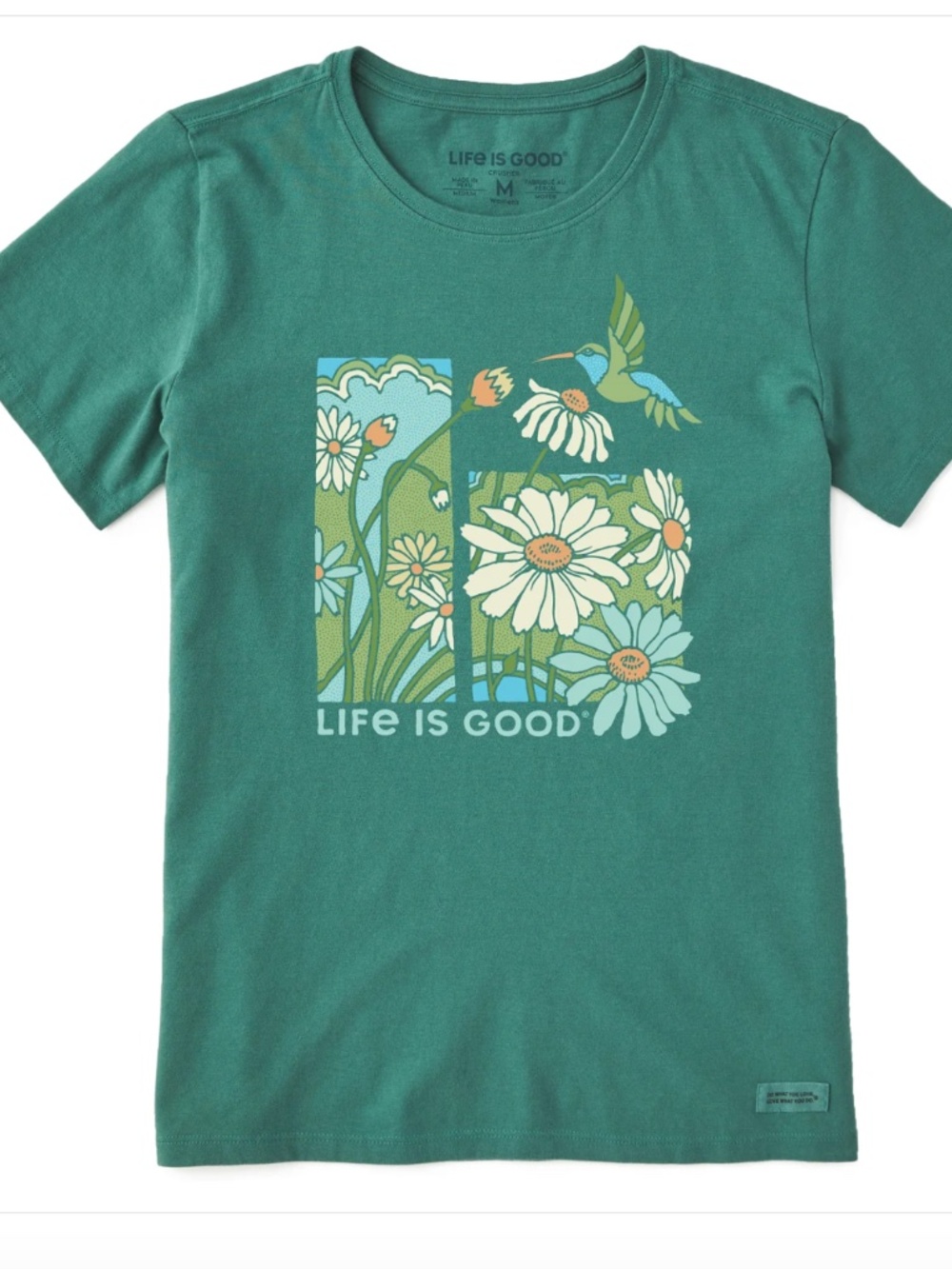 Life Is Good Daisy & Hummingbird Short Sleeve Tee in Spruce Green